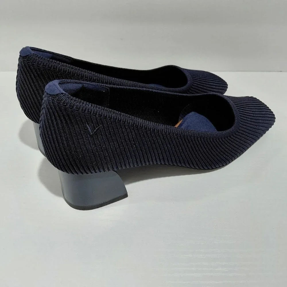 Vivaia Melody 2.0 Navy Blue Ribbed Knit Square Toe Block Heel Pumps Size 39 - Picture 9 of 11